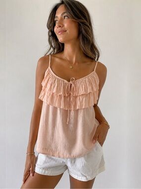 LOFT Ann Taylor Blush Pink Linen Blend Ruffle Cami Tank Top XS Boho Cottagecore